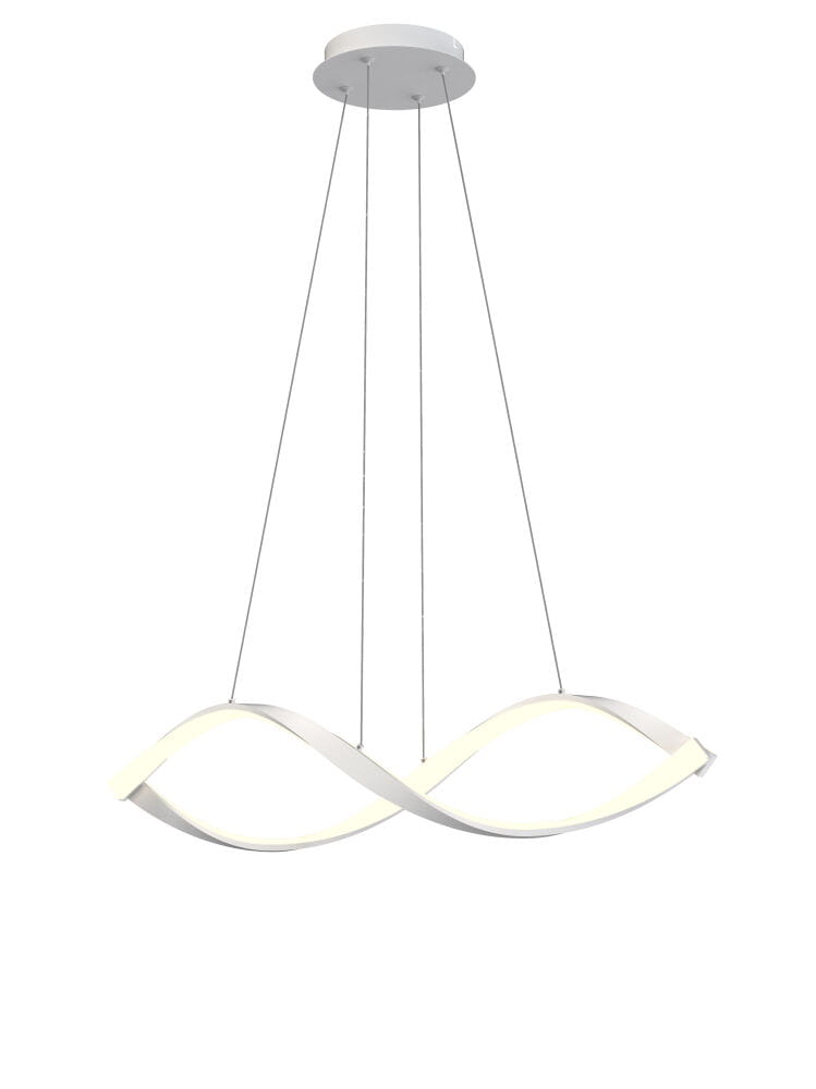 Lampa wisząca Aviano 1xLED/52W w kolorze białym, o nowoczesnym kształcie podwójnej fali. Zawieszona na cienkich linkach z okrągłą podstawą sufitową. Idealna do oświetlenia wnętrz.
