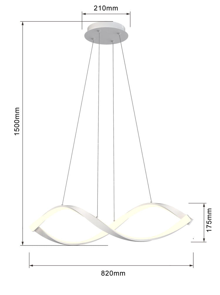 Lampa wisząca Aviano 1xLED/52W w kolorze białym. Posiada dwie faliste formy, zawieszone na cienkich linkach. U góry okrągła podsufitka o średnicy 210 mm. Wymiary: długość 820 mm, wysokość 1500 mm, szerokość 175 mm.