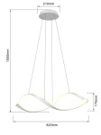 Lampa wisząca Aviano 1xLED/52W w kolorze białym. Posiada dwie faliste formy, zawieszone na cienkich linkach. U góry okrągła podsufitka o średnicy 210 mm. Wymiary: długość 820 mm, wysokość 1500 mm, szerokość 175 mm.