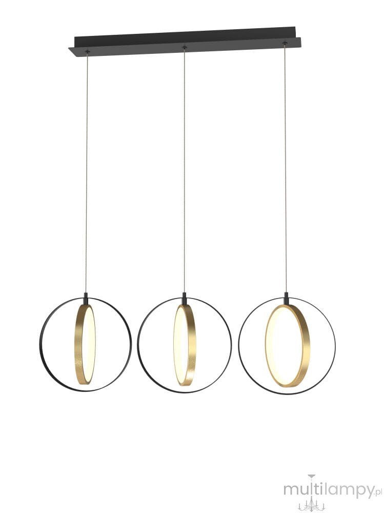 Lampa wisząca Valla z trzema okrągłymi kloszami w kolorze czarnym i złotym. Każdy klosz ma kształt pierścienia z wbudowanym źródłem światła LED. Produkt zawieszony na prostokątnej, czarnej podstawie. Idealny do nowoczesnych wnętrz.