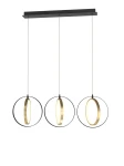 Lampa wisząca Valla z trzema okrągłymi kloszami w kolorze czarnym i złotym. Każdy klosz ma kształt pierścienia z wbudowanym źródłem światła LED. Produkt zawieszony na prostokątnej, czarnej podstawie. Idealny do nowoczesnych wnętrz.