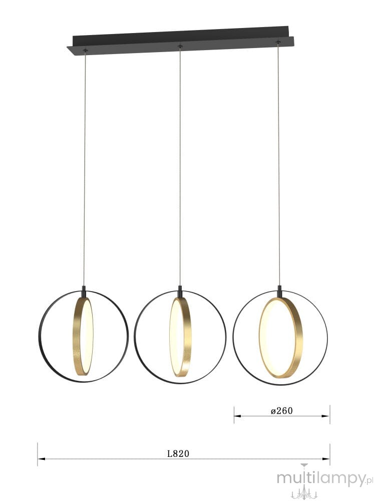 Lampa wisząca Valla z trzema okrągłymi abażurami, czarna z złotymi detalami. Wymiar: długość 820 mm, średnica abażura 260 mm. Zawieszona na cienkich linkach, z prostokątnym mocowaniem sufitowym. Idealna do nowoczesnych wnętrz.
