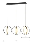 Lampa wisząca Valla z trzema okrągłymi abażurami, czarna z złotymi detalami. Wymiar: długość 820 mm, średnica abażura 260 mm. Zawieszona na cienkich linkach, z prostokątnym mocowaniem sufitowym. Idealna do nowoczesnych wnętrz.