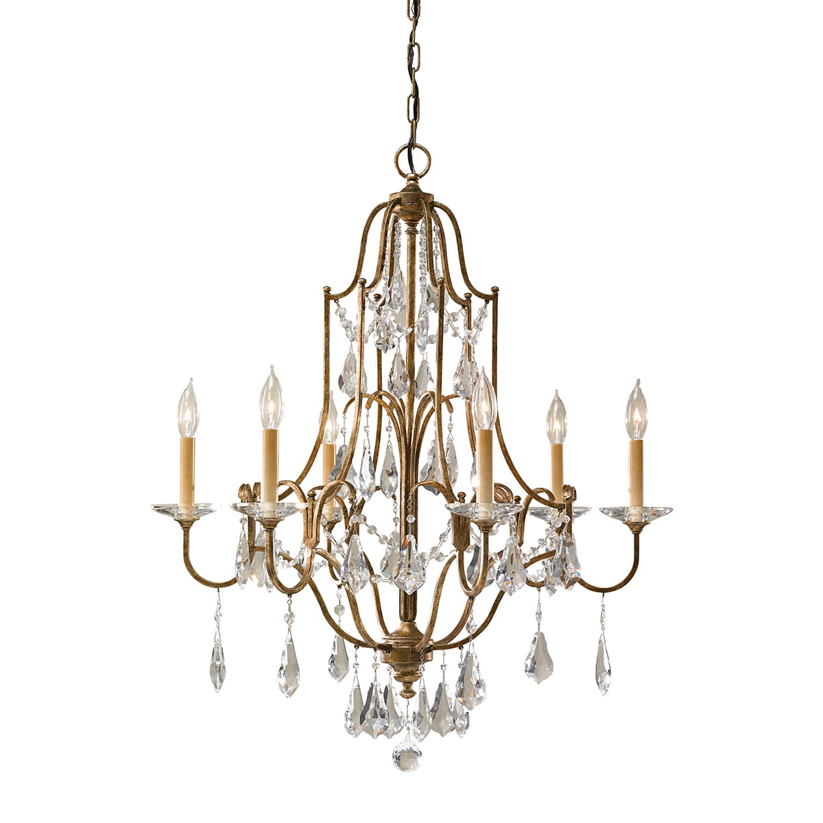 Lampa wisząca Valentina z oksydowanego brązu, wyposażona w sześć gniazd E14. Ma ozdobne kryształy oraz eleganckie, płonące świeczki. Ujęcie z przodu, zawieszona na łańcuchu, z wyraźnymi detalami dekoracyjnymi.