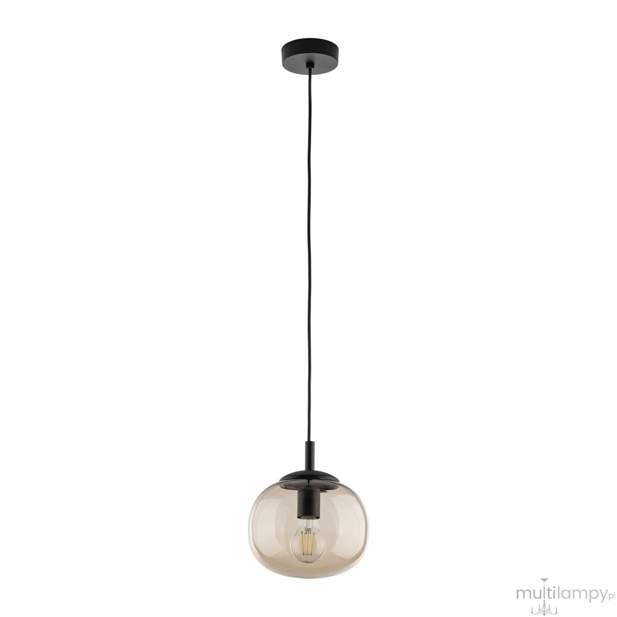 Lampa wisząca Vibe D20 z czarnym uchwytem i topazowym kloszem, zawieszona na cienkim czarnym przewodzie. Kształt klosza jest okrągły, lekko spłaszczony, z widoczną żarówką E27 w środku, na białym tle.