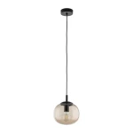 Lampa wisząca Vibe D20 z czarnym uchwytem i topazowym kloszem, zawieszona na cienkim czarnym przewodzie. Kształt klosza jest okrągły, lekko spłaszczony, z widoczną żarówką E27 w środku, na białym tle.