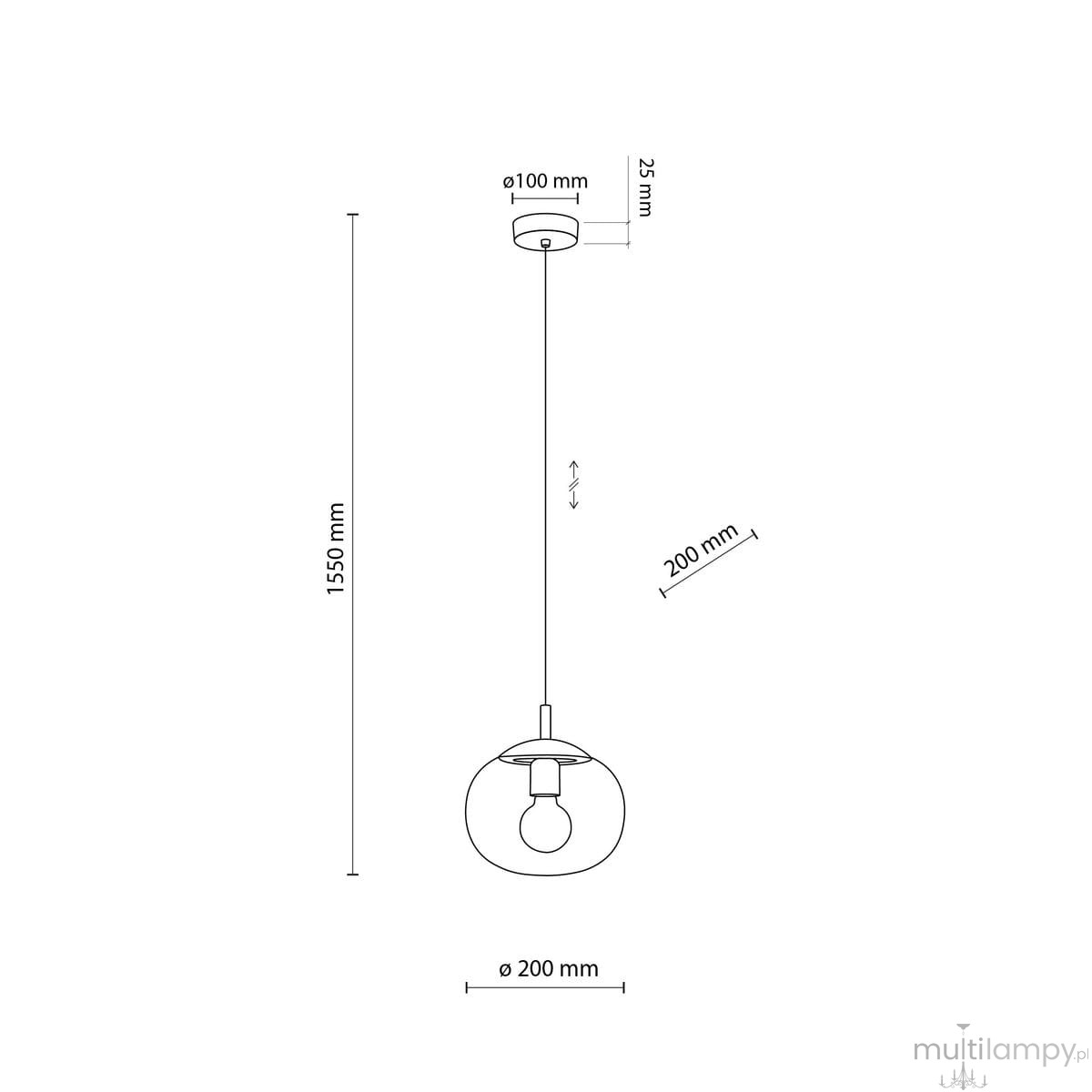 Lampa wisząca Vibe D20 w kolorze czarnym z topazowym kloszem. Okrągła średnica 200 mm, długość zwisu 1550 mm. Montaż na suficie, z miejscem na żarówkę E27. Prosty, nowoczesny design.