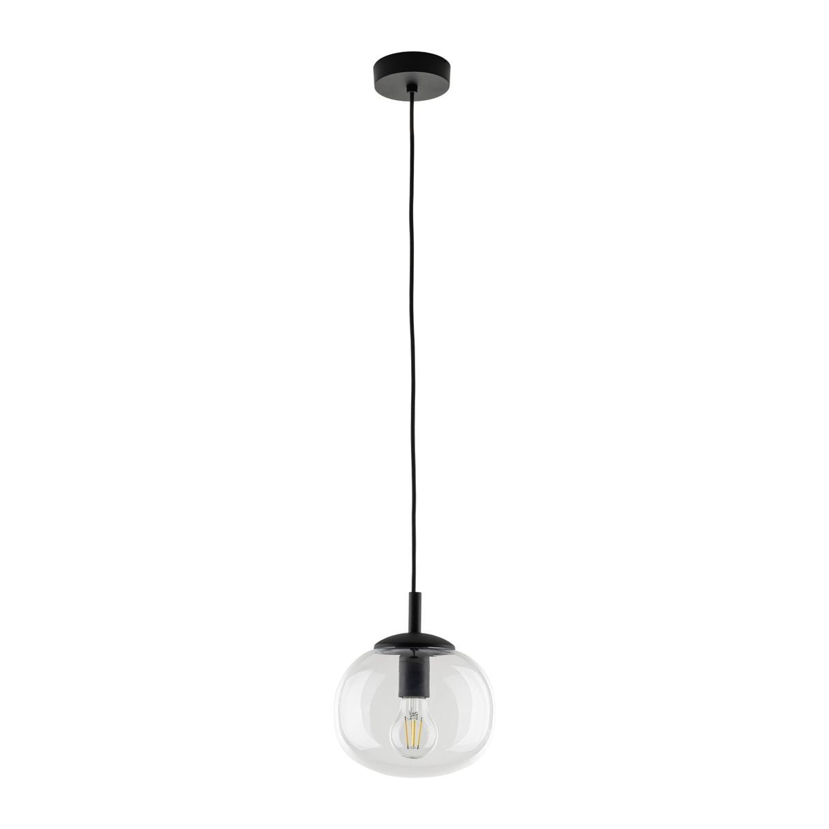 Czarna lampa wisząca Vibe D20 z przezroczystym kloszem, zawieszona na długim, czarnym kablu. Klosz ma okrągły kształt, a w środku znajduje się oprawka na żarówkę E27. Lampa jest zamontowana na okrągłej podstawie sufitowej.