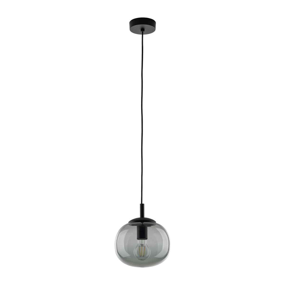 Lampa wisząca Vibe D20 z jednym gniazdem E27, w kolorze czarnym i grafitowym. Szklany klosz w kształcie kulistym z transparentnym wykończeniem, zawieszony na cienkim, czarnym przewodzie. Montaż sufitowy.