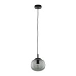 Lampa wisząca Vibe D20 z jednym gniazdem E27, w kolorze czarnym i grafitowym. Szklany klosz w kształcie kulistym z transparentnym wykończeniem, zawieszony na cienkim, czarnym przewodzie. Montaż sufitowy.