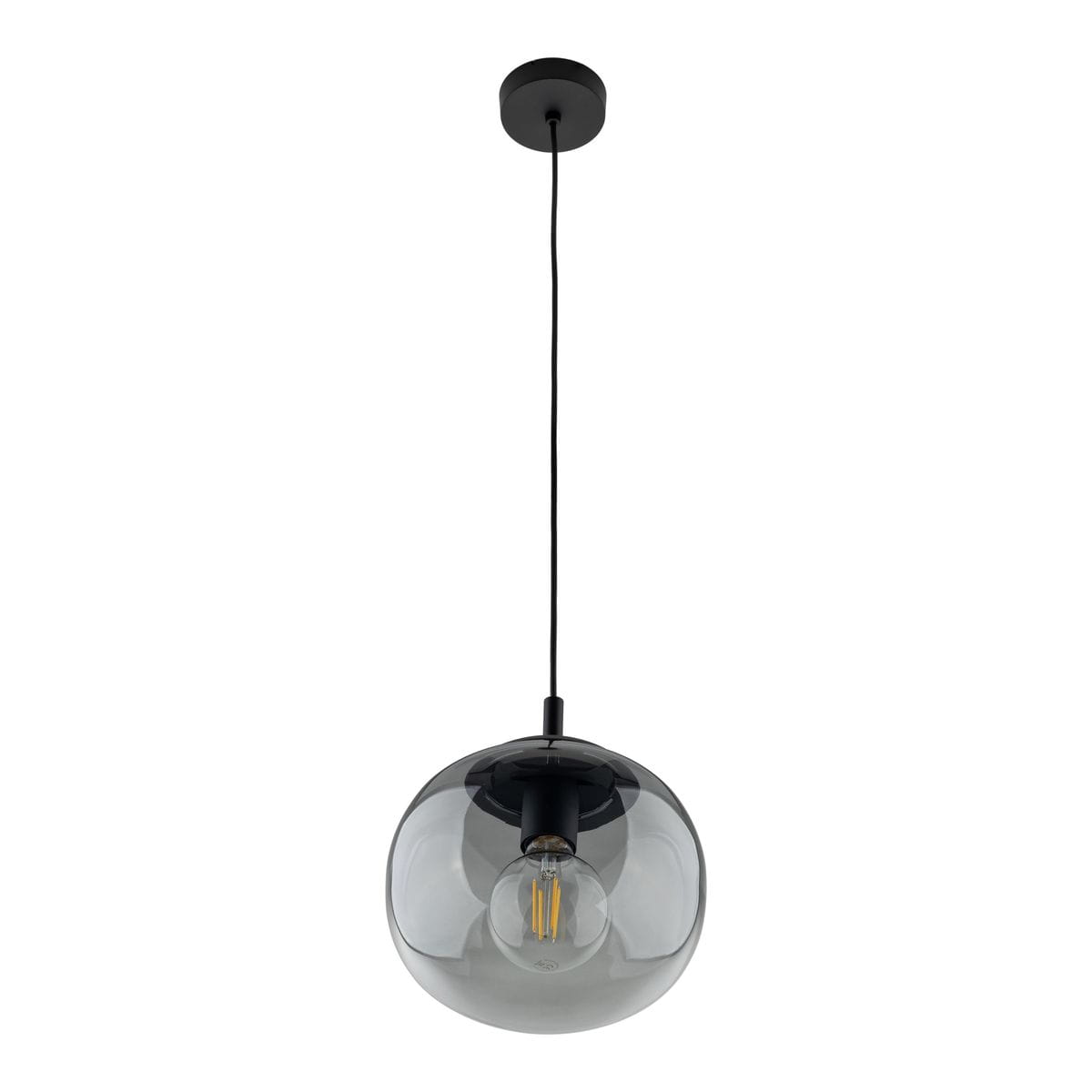 Lampa wisząca Vibe D20 z jednym gniazdem E27, w kolorze czarnym i grafitowym. Szklany klosz w kształcie kuli, przezroczysty, z widoczną żarówką, zawieszona na cienkim, czarnym przewodzie. Montowana sufitowo.