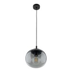 Lampa wisząca Vibe D20 z jednym gniazdem E27, w kolorze czarnym i grafitowym. Szklany klosz w kształcie kuli, przezroczysty, z widoczną żarówką, zawieszona na cienkim, czarnym przewodzie. Montowana sufitowo.
