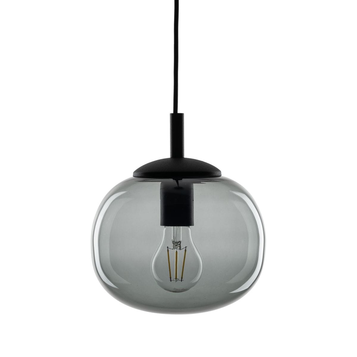 Lampa wisząca Vibe D20 w kolorze czarnym i grafitowym, z przezroczystym, zaokrąglonym kloszem z szkła. E27, z widoczną żarówką wewnątrz. Zawieszona na czarnym przewodzie, w ujęciu frontalnym.