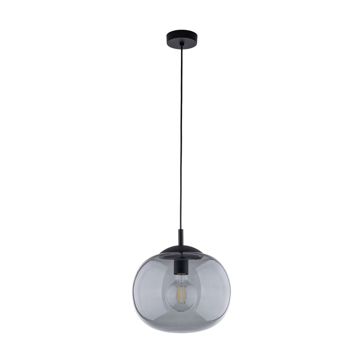 Lampa wisząca Vibe D30 z oprawą w kolorze czarnym i grafitowym, z przezroczystym kloszem w kształcie kuli. Zawieszona na długim, czarnym przewodzie. Źródło światła E27, umieszczone w centralnej części klosza. Proste tło.