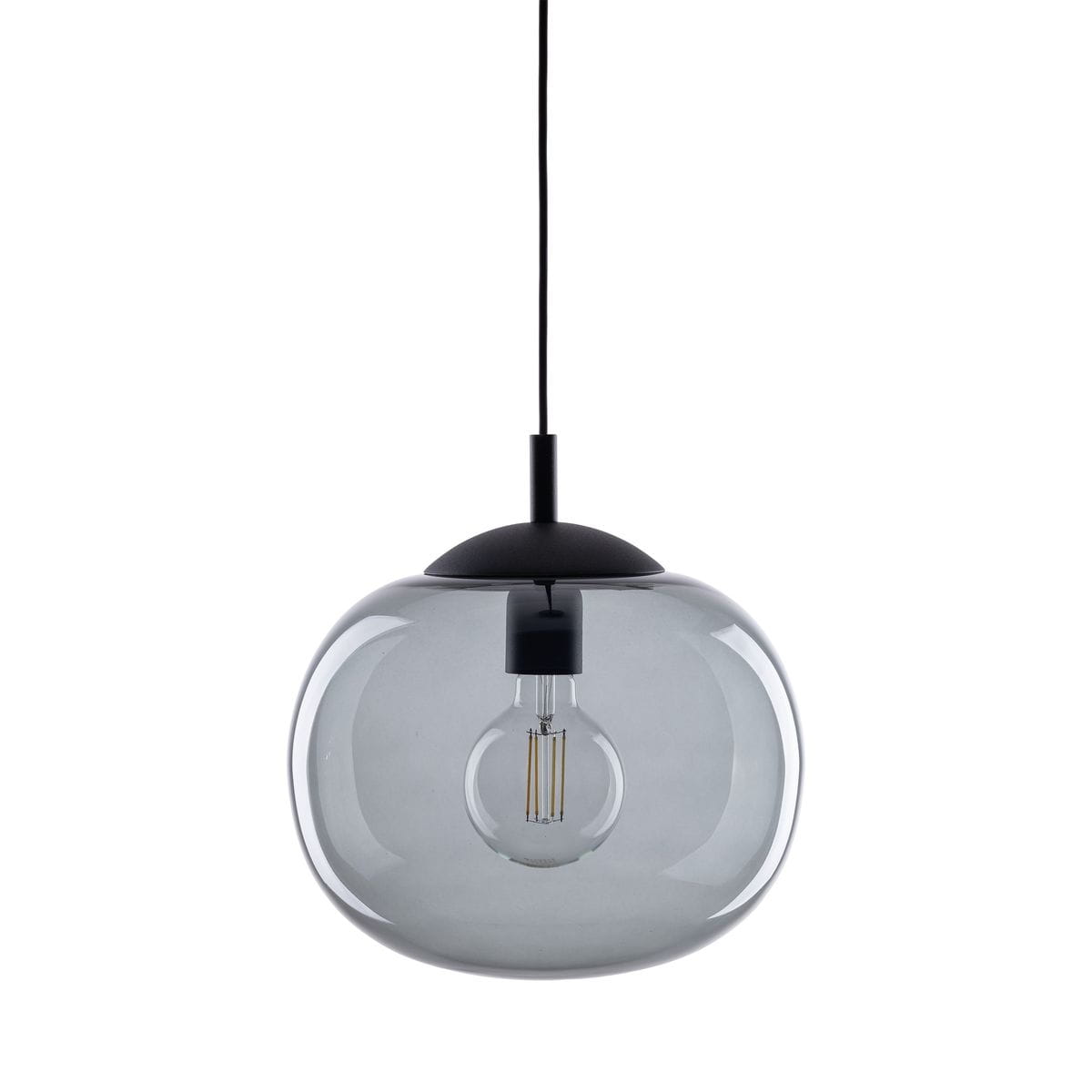 Lampa wisząca Vibe D30 z czarnym/grafitowym metalowym mocowaniem, szklanym kloszem w odcieniu grafitowym, z widoczną żarówką E27. Produkt zawieszony na cienkim kablu, ukazany z przodu w formie kulistej.