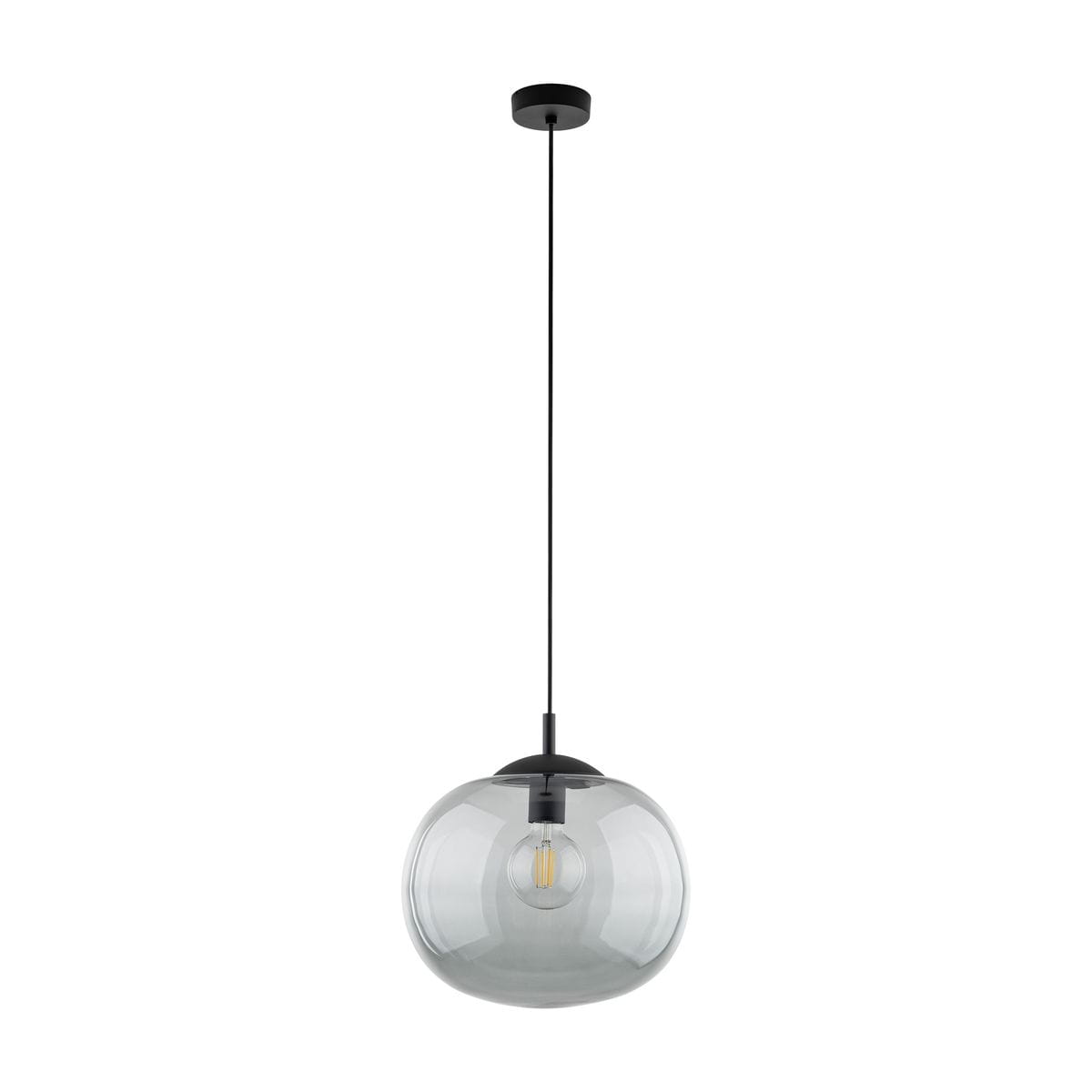 Lampa wisząca Vibe D35 z żarówką E27, w kolorze czarnym i grafitowym. Okrągły klosz ze szkła w odcieniu szaro-przezroczystym, zawieszona na długim czarnym kablu. Prosty, nowoczesny design, idealna do różnych aranżacji wnętrz.