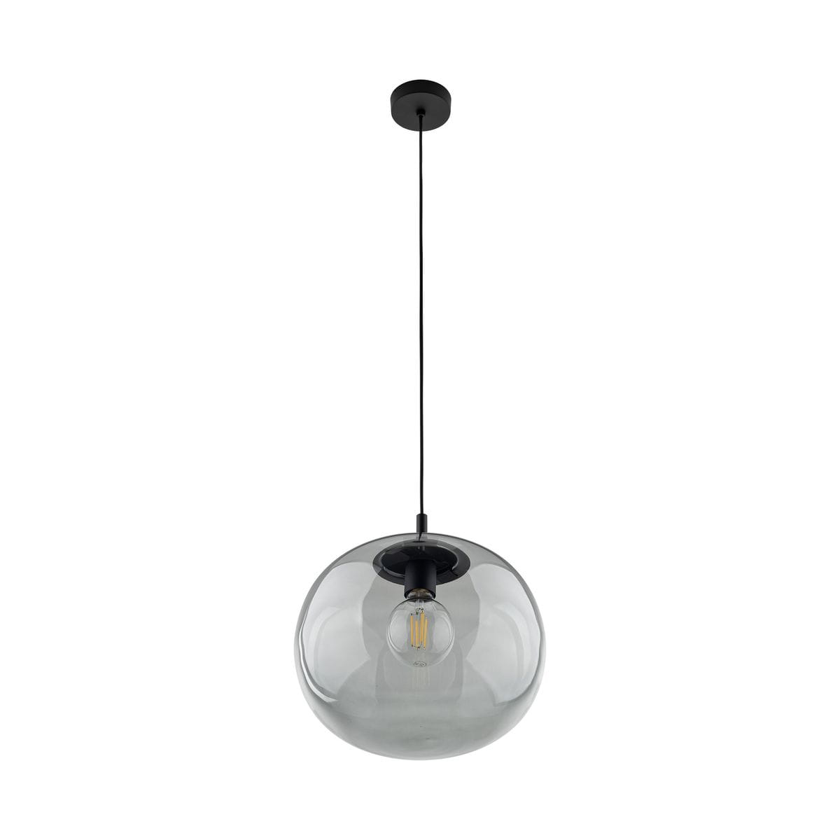 Lampa wisząca Vibe D35 w kolorze czarnym/grafitowym z przezroczystym, okrągłym kloszem. Zawieszona na cienkim kablu, z mocowaniem sufitowym. Wewnątrz miejsce na żarówkę E27. Prosty, nowoczesny design, idealna do różnych aranżacji wnętrz.