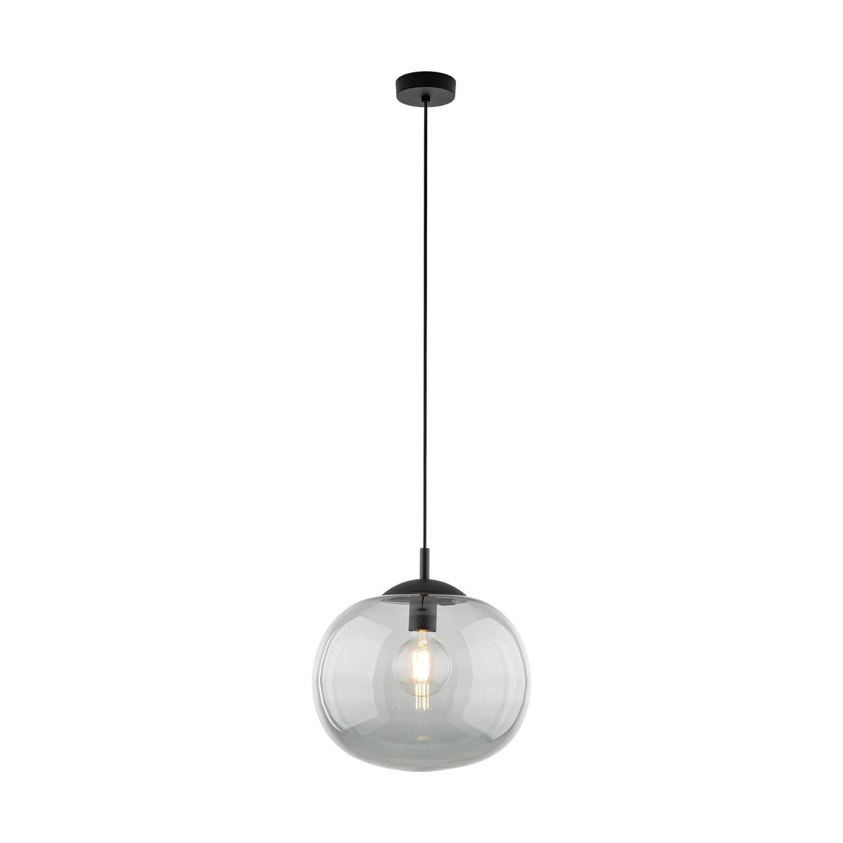 Lampa wisząca Vibe D35 z żarówką E27, w czarnej i grafitowej kolorystyce. Okrągła, przezroczysta klosz wykonany z szkła, zawieszona na cienkim czarnym kablu. Prosta, nowoczesna konstrukcja, idealna do różnych aranżacji wnętrz.