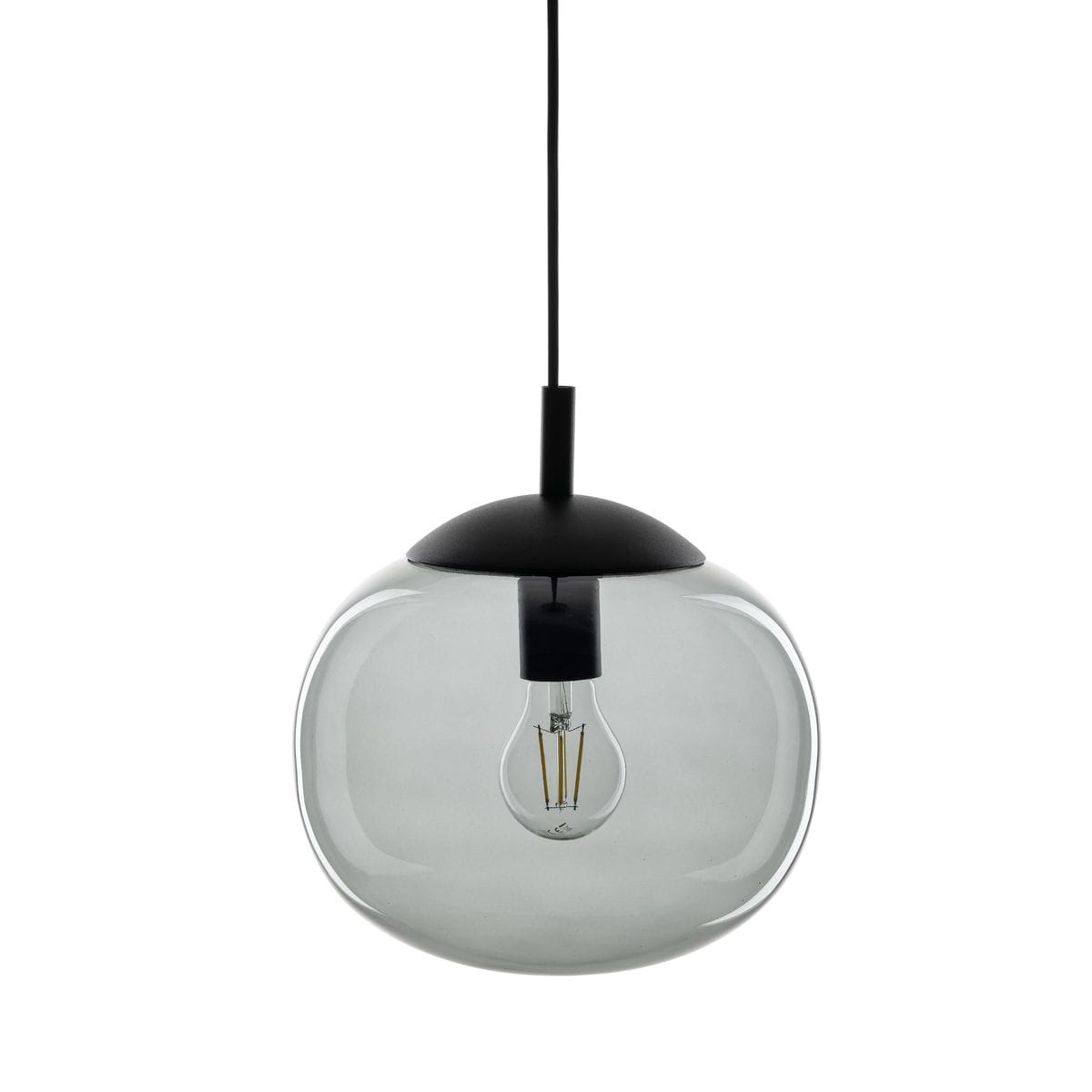 Lampa wisząca Vibe D35 z czarnym/grafitowym metalowym kloszem, o zaokrąglonym kształcie. Wewnątrz widoczna żarówka E27. Zawieszona na cienkim przewodzie, na jasnym tle. Idealna do nowoczesnych wnętrz.