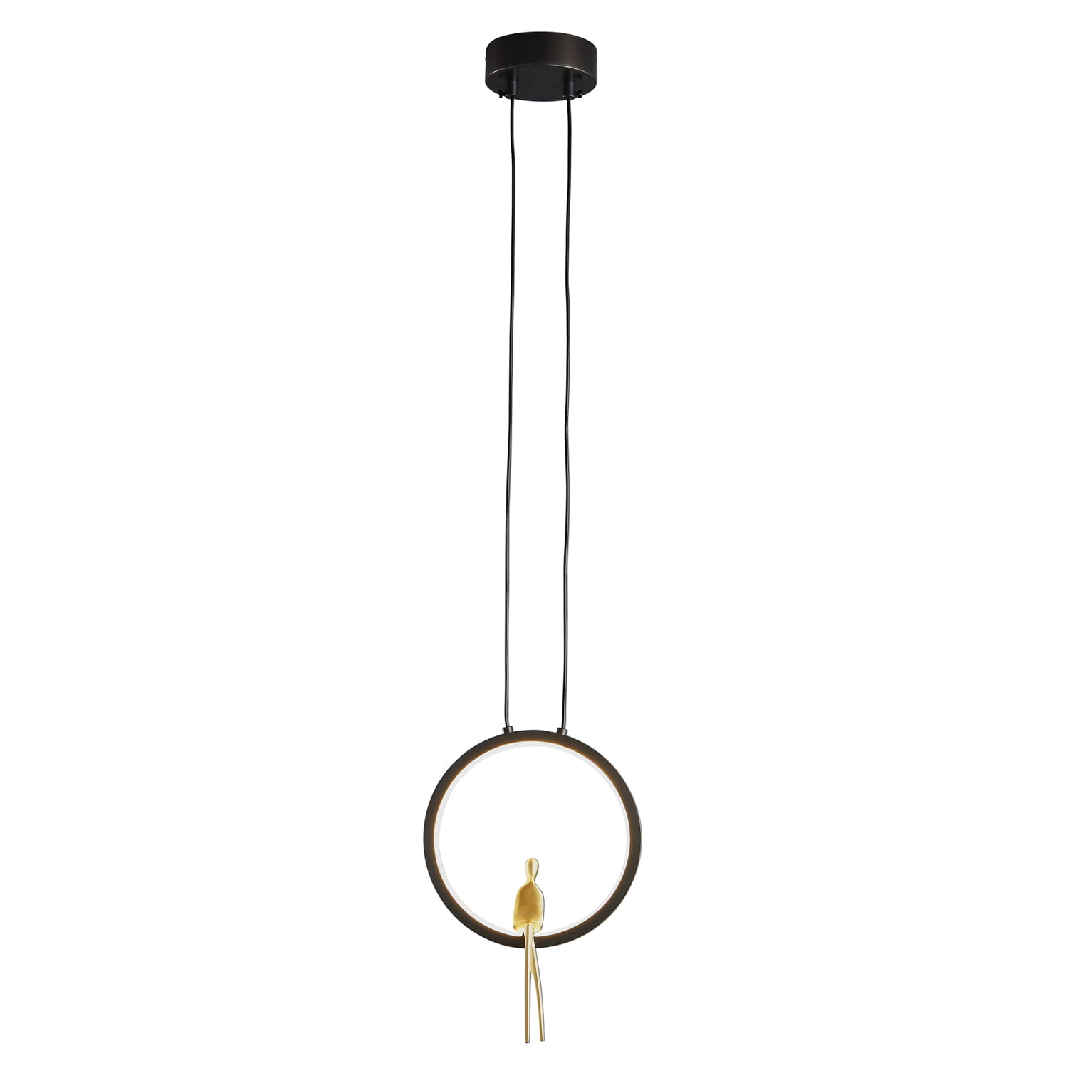 Lampa wisząca Amici w kolorze czarnym z mosiężnym akcentem. Okrągła forma z wbudowanym źródłem LED 7W, zawieszona na dwóch czarnych przewodach. Idealna do nowoczesnych wnętrz, zapewnia stylowe oświetlenie.