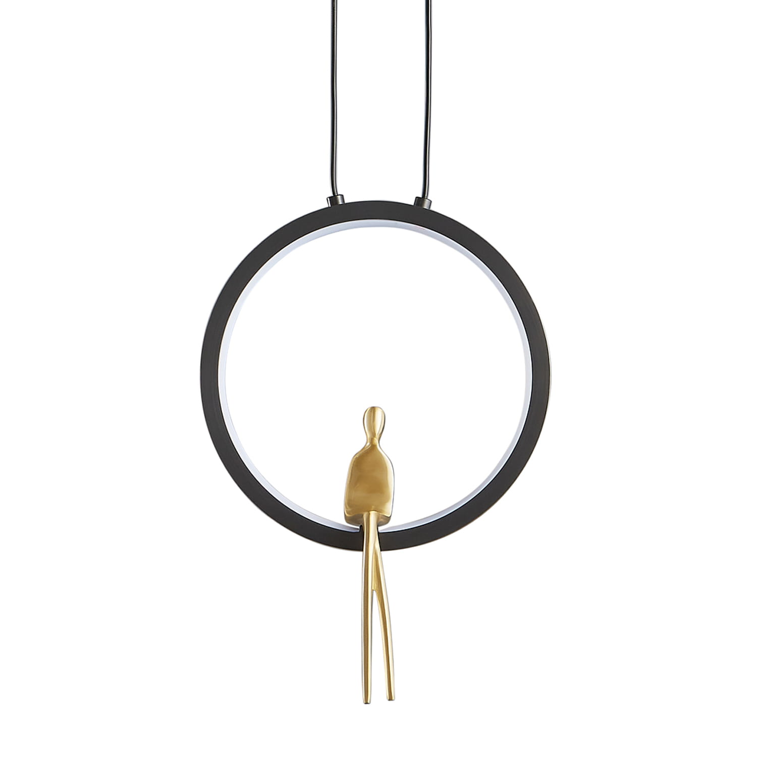Lampa wisząca Amici w czarnym kolorze z mosiężnym akcentem. Okrągła konstrukcja z LED o mocy 7W, w centralnej części umieszczona figura. Wisi na dwóch kablach, prezentując nowoczesny design.