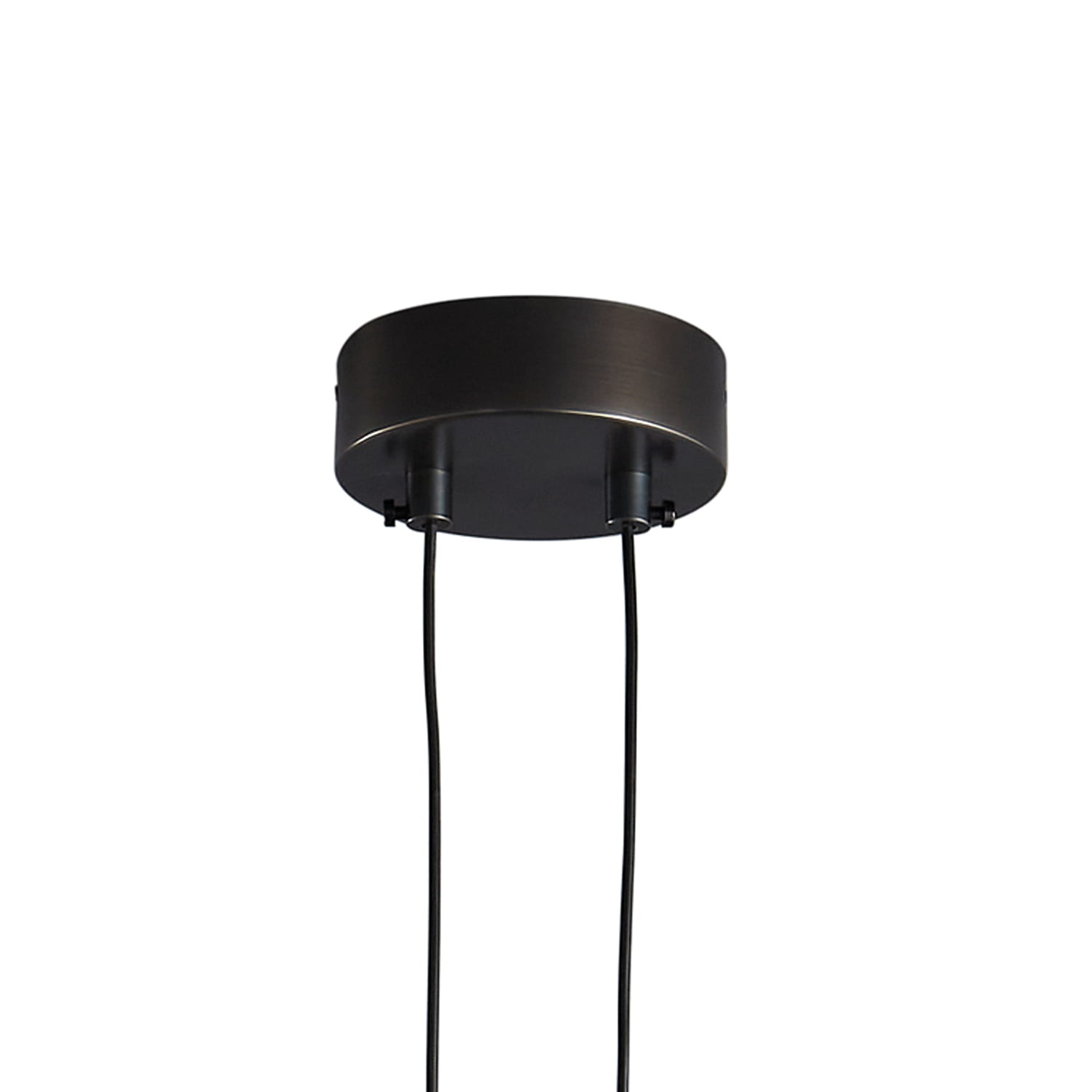 Lampa wisząca Amici w kolorze czarnym z mosiężnymi detalami, z okrągłym, matowym mocowaniem sufitowym. Dwa przewody zasilające prowadzą w dół, co podkreśla nowoczesny design. Produkt przeznaczony do użycia z żarówką LED 7W.