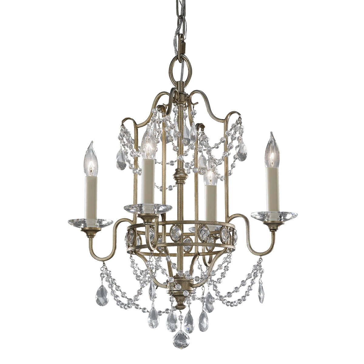 Lampa wisząca Gianna w postarzanym srebrze z czterema źródłami światła E14. Ozdobiona kryształowymi akcentami i drobnymi łańcuszkami, z eleganckim, metalowym stelażem. Zawieszona na łańcuchu, w stylu klasycznym.