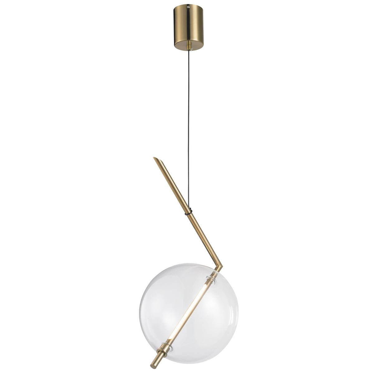 Lampa wisząca Amore z przezroczystą kulą i złotym metalowym ramieniem. Zawieszona na cienkim przewodzie, z okrągłym mocowaniem sufitowym. Wbudowane źródło LED o mocy 12W. Nowoczesny design, minimalistyczny kształt.