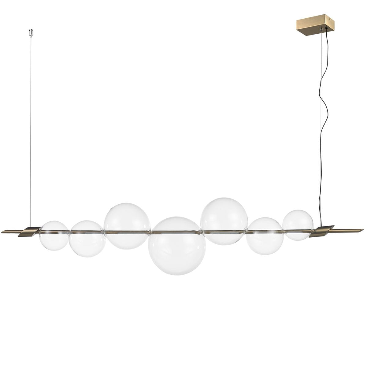 Lampa wisząca Amore w kolorze złotym z jedną żarówką LED 12W. Posiada szereg przezroczystych kul o różnych rozmiarach, zamontowanych na długim metalowym ramieniu. Zawieszona na cienkim przewodzie, z płaskim mocowaniem sufitowym.