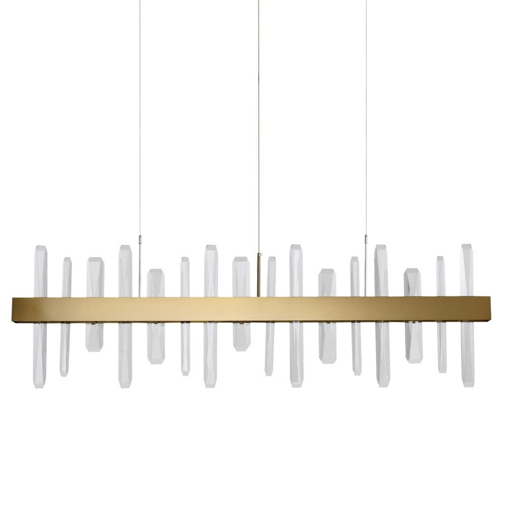 Lampa wisząca Arctic z dwoma źródłami LED, moc 52W, w złotym szczotkowanym wykończeniu. Posiada prostokątną, złotą ramę oraz dekoracyjne, przezroczyste elementy w kształcie kryształów, zawieszona na cienkich linkach.