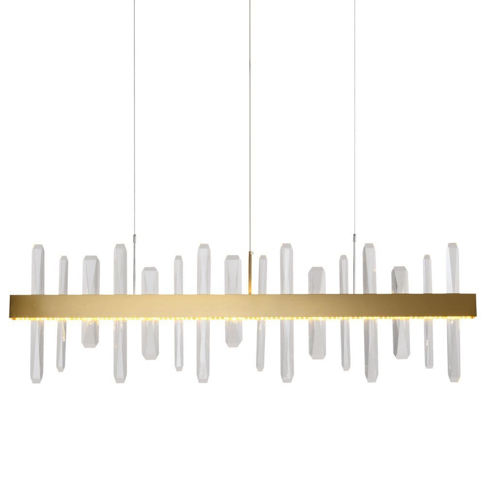Lampa wisząca Arctic z dwoma źródłami LED, złoty szczotkowany metal. Posiada prostokątną, złotą podstawę z kryształowymi elementami w formie wydłużonych słupków. Zawieszona na cienkich linkach, idealna do nowoczesnych wnętrz.