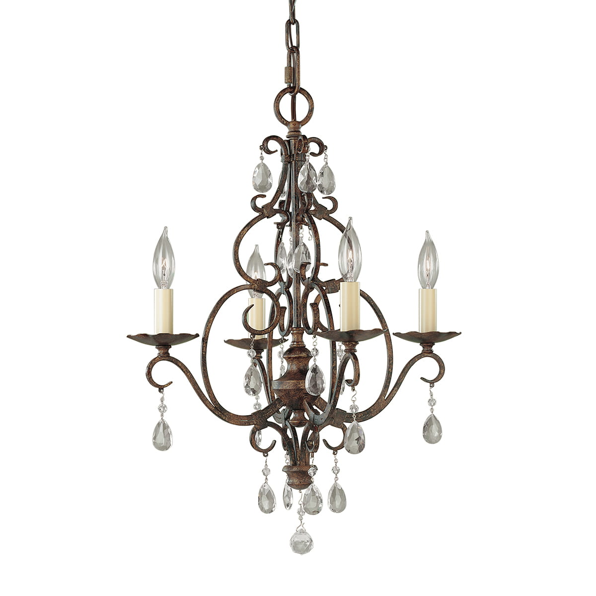Lampa wisząca Chateau w kolorze brązu postarzanym, z 4 ramionami na żarówki E14. Ozdobiona kryształowymi zwisami i dekoracyjnymi elementami metalowymi. Ujęcie frontalne, zawieszona na łańcuchu, z eleganckim kształtem i finezyjnymi detalami.