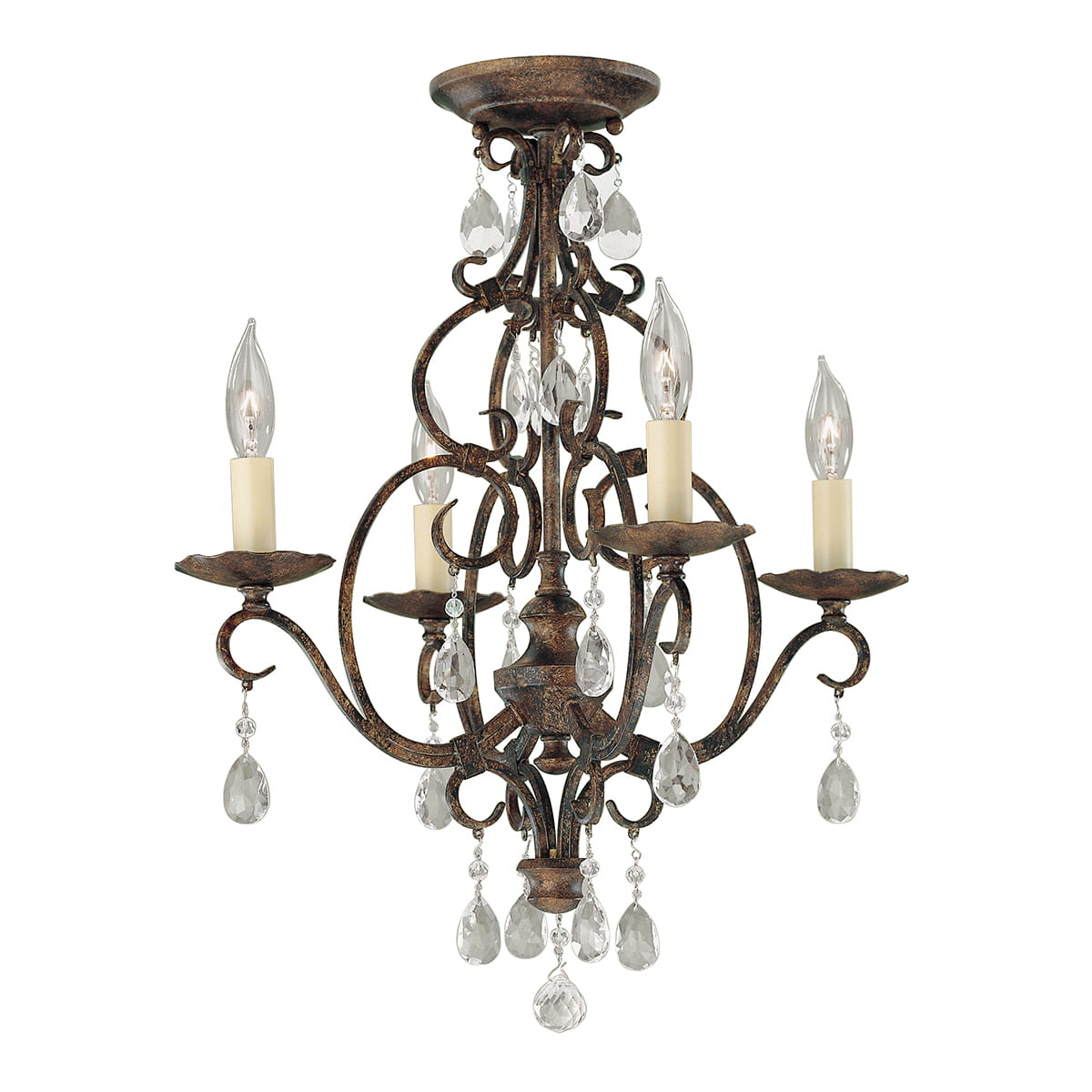 Lampa wisząca Chateau w brązowym, postarzanym wykończeniu z czterema gniazdami E14, ozdobiona kryształowymi zwisami. Kształt klasyczny z delikatnymi, zakrzywionymi ramionami. Widok frontalny.