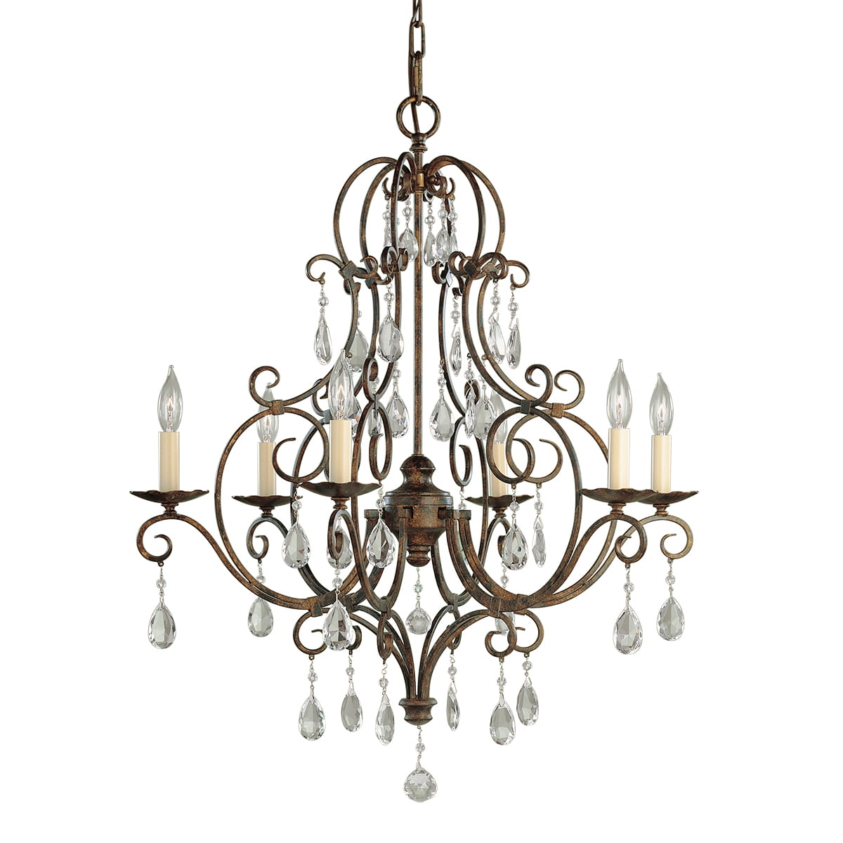 Lampa wisząca Chateau w brązowym, postarzanym wykończeniu z sześcioma gniazdami E14. Posiada eleganckie, zakrzywione ramiona oraz wiszące kryształowe elementy, które dodają blasku. Ujęcie z góry, ukazujące detale konstrukcji i dekoracje.
