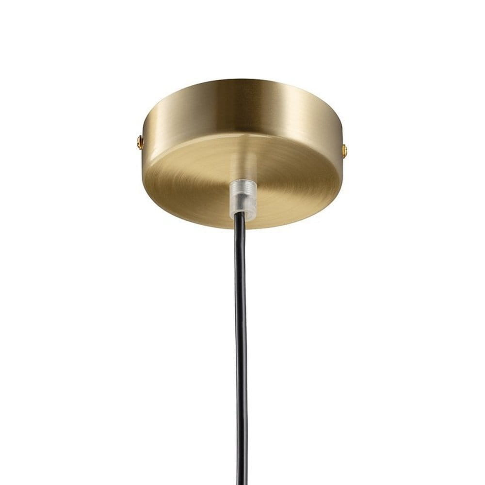 Lampa wisząca Artdeco z trzech opraw E14 w kolorze złotym szczotkowanym i czarnym. Ujęcie z dołu, pokazujące okrągłą podstawę montażową z metalicznym wykończeniem i czarnym przewodem.