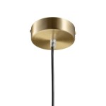 Lampa wisząca Artdeco z trzech opraw E14 w kolorze złotym szczotkowanym i czarnym. Ujęcie z dołu, pokazujące okrągłą podstawę montażową z metalicznym wykończeniem i czarnym przewodem.
