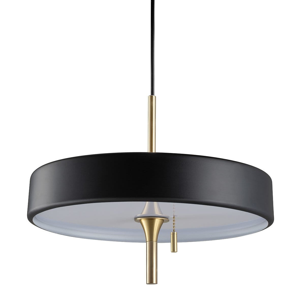 Lampa wisząca Artdeco w kolorze czarnym z metalowymi elementami w odcieniu złotego szczotkowanego. Okrągła, z matowym wykończeniem, zawieszona na cienkim kablu. Posiada miejsce na trzy żarówki E14 oraz dekoracyjny element z kulką.