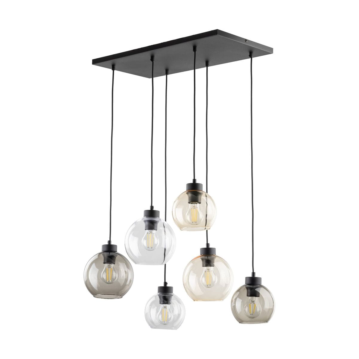 Lampa wisząca Cubus z sześcioma kloszami E27 w różnych kolorach, umieszczona na czarnej podstawie. Klosze mają okrągły kształt, wykonane z przezroczystego szkła, z widocznymi żarówkami. Zawieszenie na długich, czarnych przewodach.
