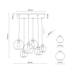 Lampa wisząca Cubus 6xE27 w kolorze czarnym z multikolorowymi kloszami. Ułożona w formie wiszącej z sześcioma szklanymi kulami o średnicach 150 mm i 180 mm. Wymiary: 600 mm szerokości, 1750 mm długości. Przeznaczona do nowoczesnych wnętrz.