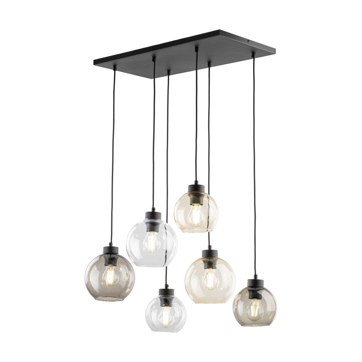 Lampa wisząca Cubus z sześcioma kloszami w różnych odcieniach, zawieszona na czarnych kablach. Klosze w kształcie kul, wykonane z przezroczystego i kolorowego szkła, zamocowane na prostokątnej czarnej podstawie.