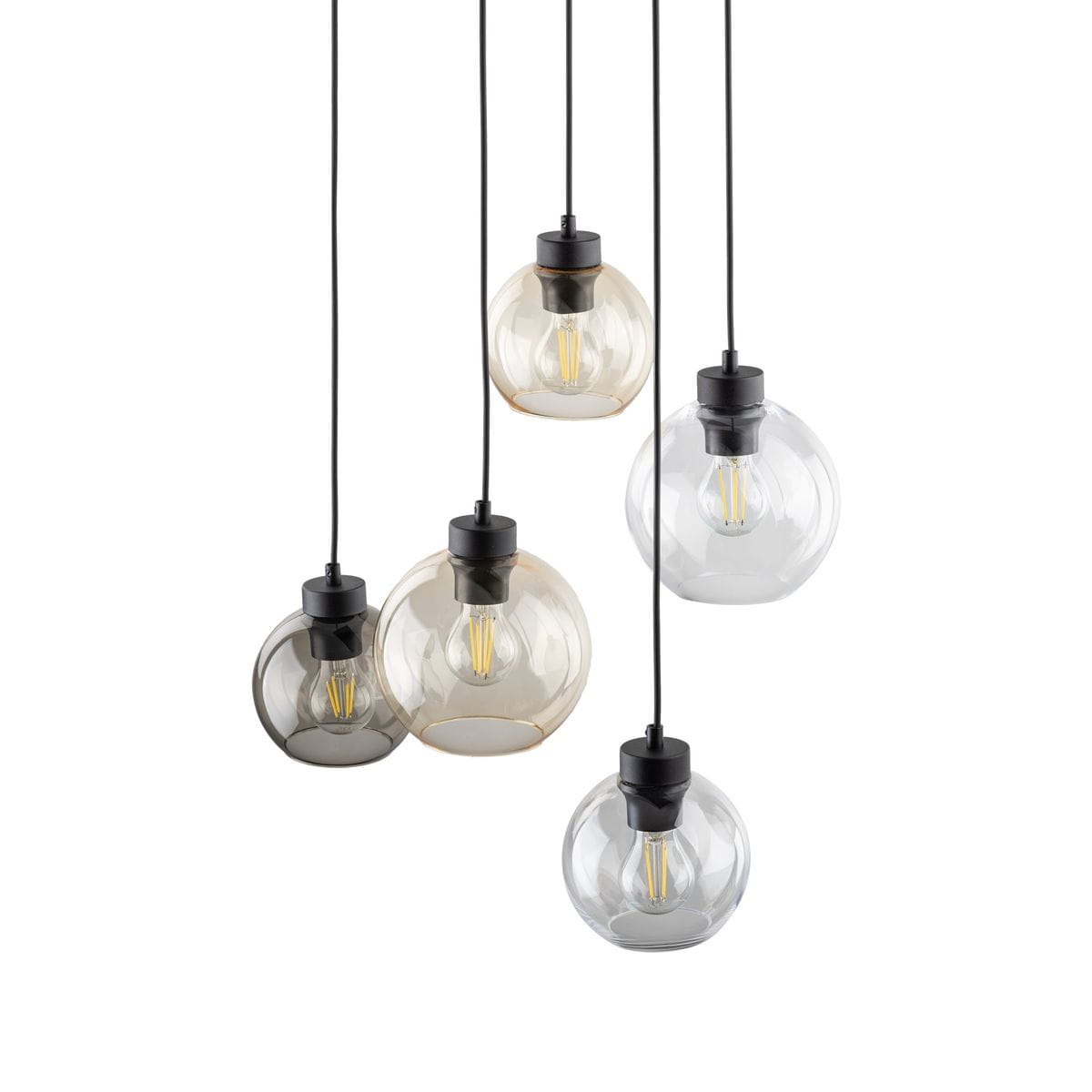 Lampa wisząca Cubus z sześcioma oprawami E27, w kolorze czarnym z wielokolorowymi, szklanymi kloszami w różnych odcieniach. Klosze mają okrągły kształt i są zawieszone na cienkich, czarnych przewodach.