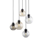 Lampa wisząca Cubus z sześcioma oprawami E27, w kolorze czarnym z wielokolorowymi, szklanymi kloszami w różnych odcieniach. Klosze mają okrągły kształt i są zawieszone na cienkich, czarnych przewodach.