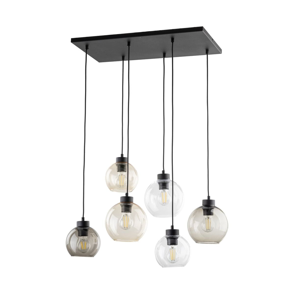 Lampa wisząca Cubus z sześcioma kloszami w różnych odcieniach, zawieszona na czarnych kablach. Klosze o zaokrąglonym kształcie, wykonane ze szkła, umieszczone na prostokątnej czarnej podstawie. Idealna do nowoczesnych wnętrz.