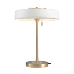 Lampa stołowa Artdeco 3xE14 w kolorze złotego szczotkowanego metalu z białym kloszem. Stojąca, z okrągłą podstawą, z detalem w postaci wiszącego włącznika. Prosty i elegancki design, idealna do nowoczesnych wnętrz.
