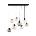 Lampa wisząca Cubus 8xE27 w kolorze czarnym z multikolorowymi kloszami w kształcie kul. Zawieszona na długich przewodach, z różnymi wysokościami kloszy, tworzy nowoczesną aranżację. Montowana do sufitu.