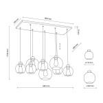 Lampa wisząca Cubus z 8 gniazdami E27, w kolorze czarnym z wielokolorowymi kloszami. Wymiary: 600 mm x 300 mm, wysokość 1750 mm. Klosze o średnicy 150 mm i 180 mm, zawieszone na cienkich linkach. Prosta konstrukcja, idealna do nowoczesnych wnętrz.