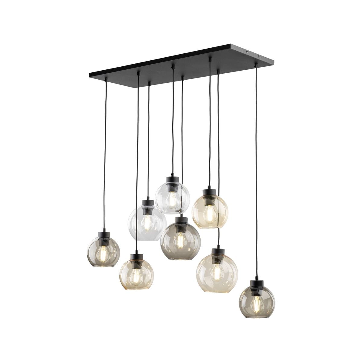 Lampa wisząca Cubus z ośmioma kloszami E27 w kolorze czarnym i multikolorowym. Klosze w różnych kształtach, wykonane z przezroczystego szkła, wiszące na czarnych linkach. Górna część montażowa w prostokątnym kształcie, czarna.