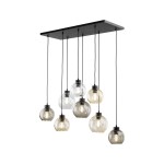 Lampa wisząca Cubus z ośmioma kloszami E27 w kolorze czarnym i multikolorowym. Klosze w różnych kształtach, wykonane z przezroczystego szkła, wiszące na czarnych linkach. Górna część montażowa w prostokątnym kształcie, czarna.