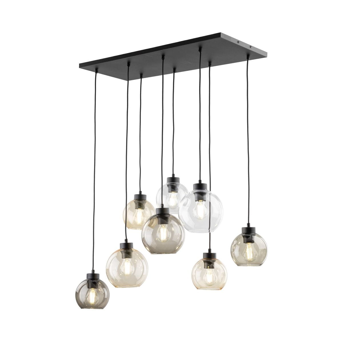 Lampa wisząca Cubus z ośmioma kloszami E27 w kolorze czarnym i multikolorowym. Klosze mają różne kształty i kolory, zawieszone na cienkich czarnych przewodach z prostokątną podstawą. Produkt wisi na suficie, tworząc efektowną aranżację świetlną.