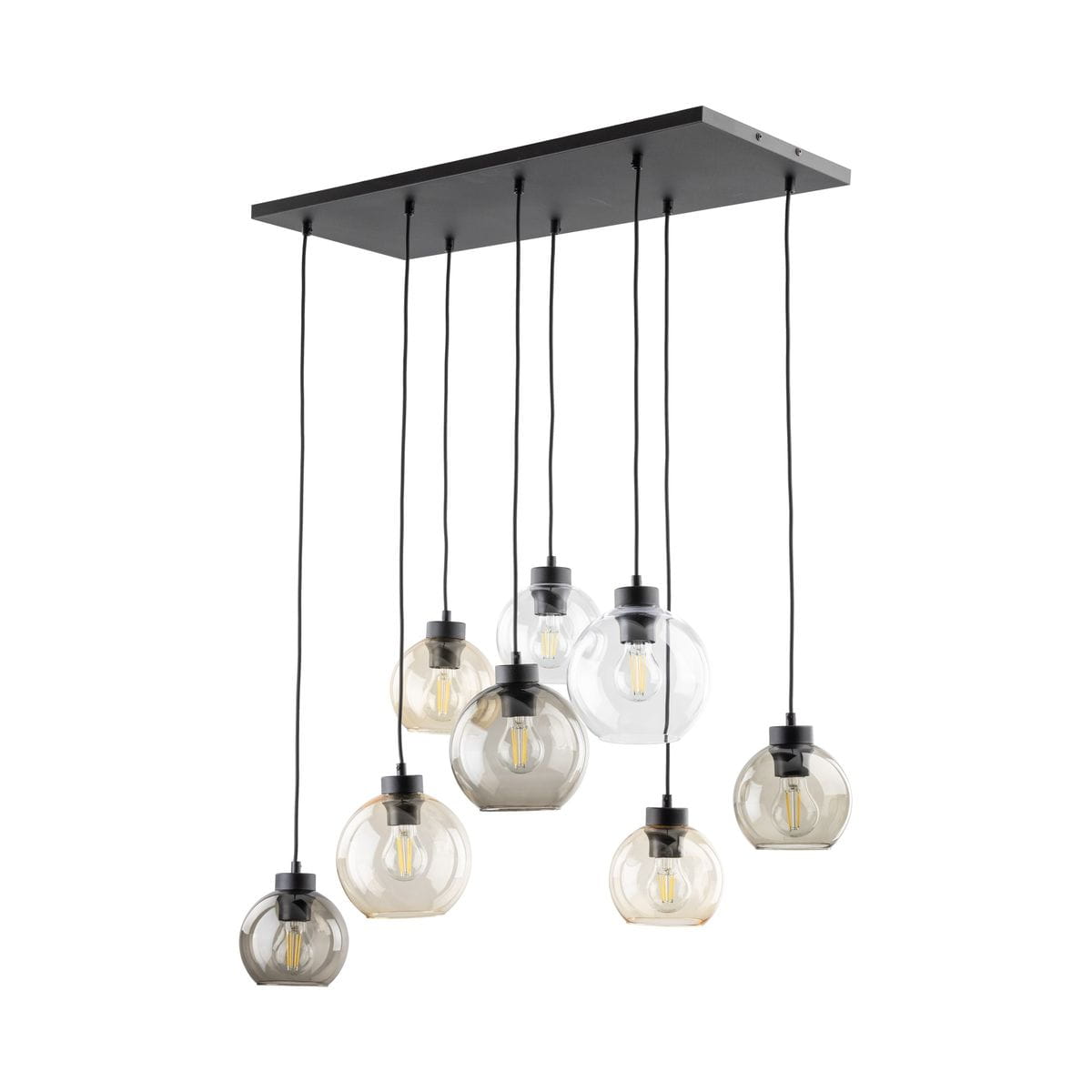 Lampa wisząca Cubus z 8 kloszami E27 w różnych kolorach, zawieszona na czarnej podstawie. Klosze mają różne kształty: okrągłe i owalne, wykonane z przezroczystego i lekko przyciemnionego szkła. Kabelki czarne, wiszące w różnych długościach.